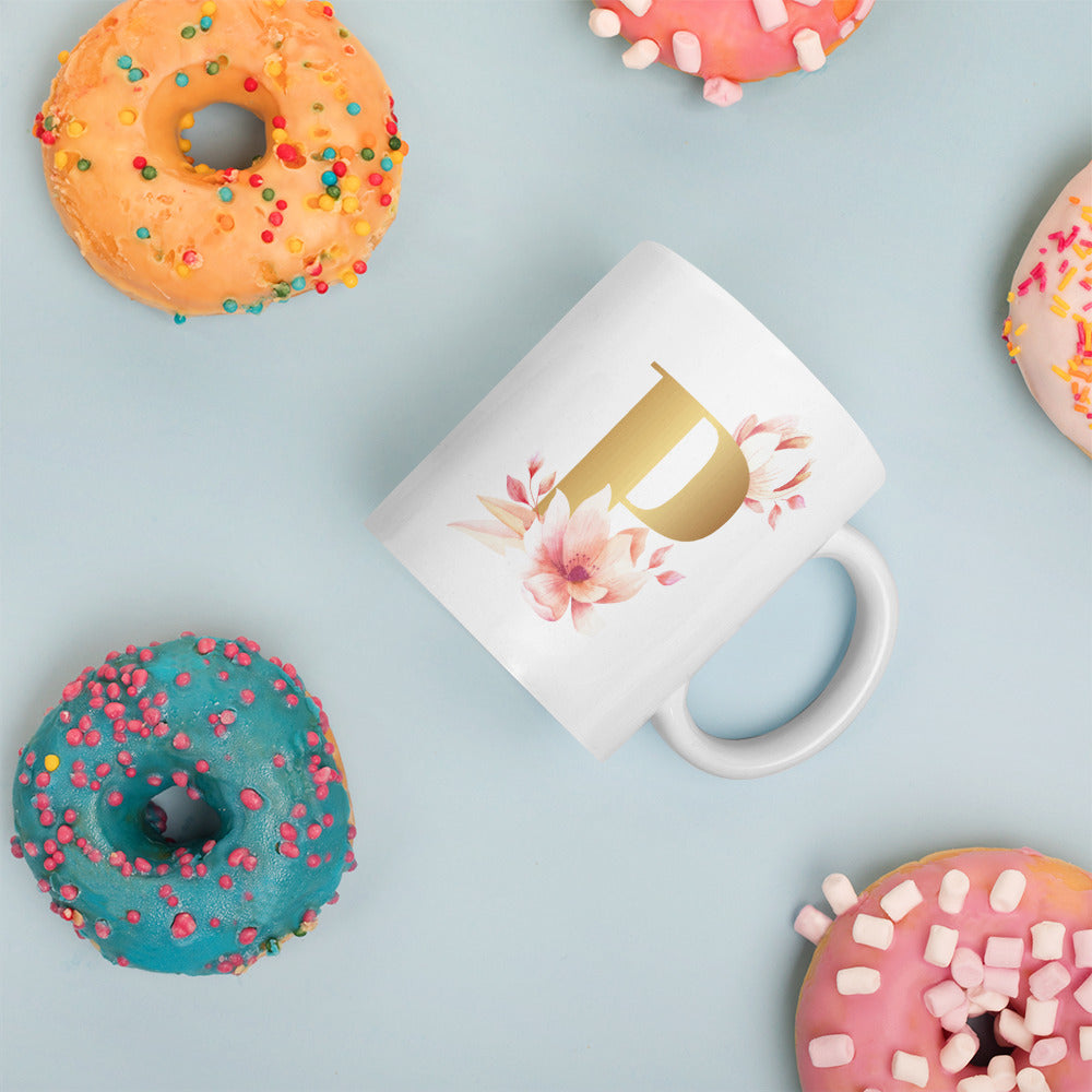 Tasse mit Buchstabe | Tasse personalisiert | P |Weiße, glänzende Tasse