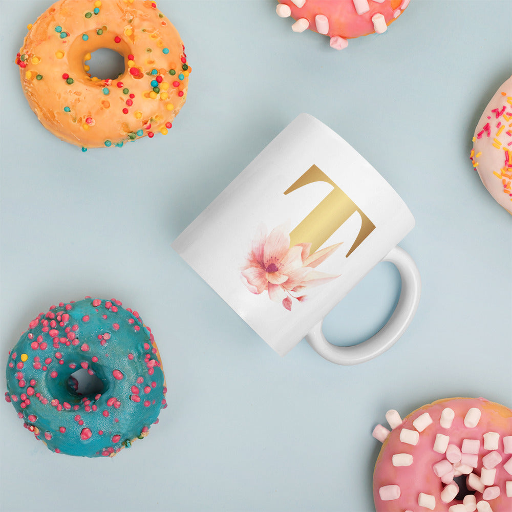 Tasse mit Buchstabe | Tasse personalisiert | T | Weiße, glänzende Tasse