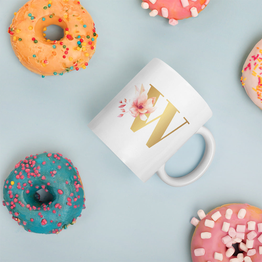 Tasse mit Buchstabe | Tasse personalisiert | W | Weiße, glänzende Tasse