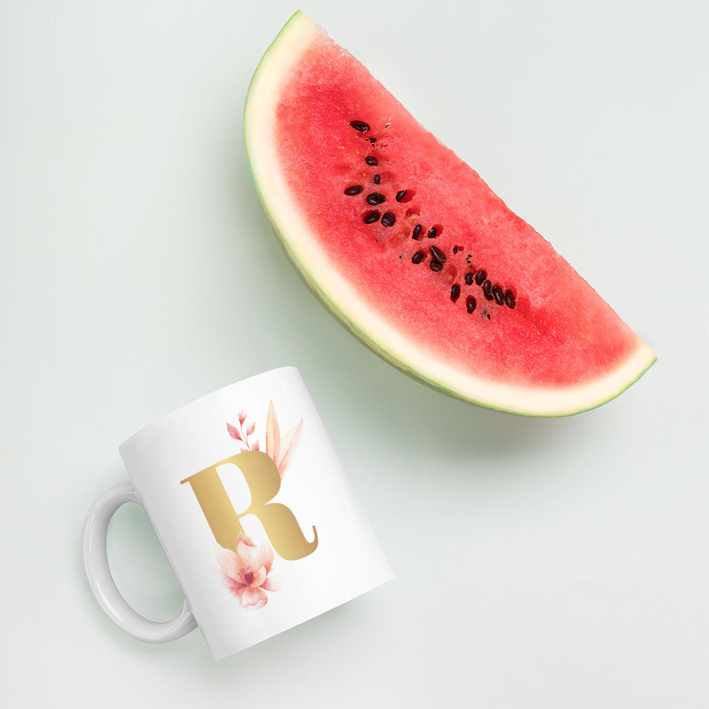 Tasse mit Buchstabe | Tasse personalisiert | R | Weiße, glänzende Tasse