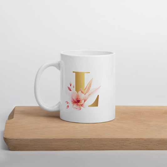 Tasse mit Buchstabe | Tasse personalisiert | L | Weiße, glänzende Tasse