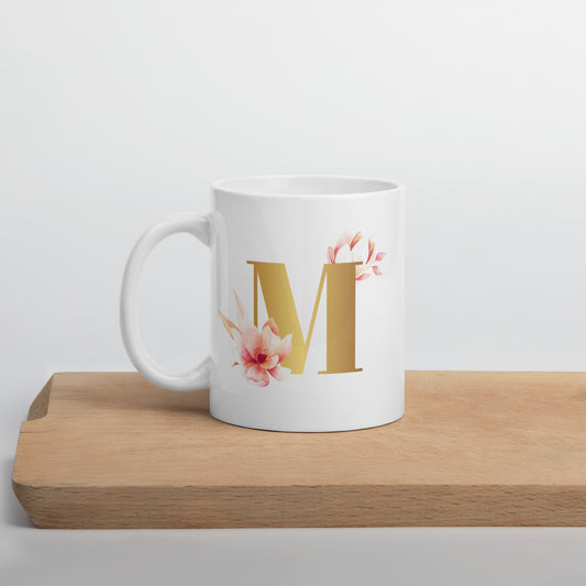 Tasse mit Buchstabe | Tasse personalisiert | M | Weiße, glänzende Tasse