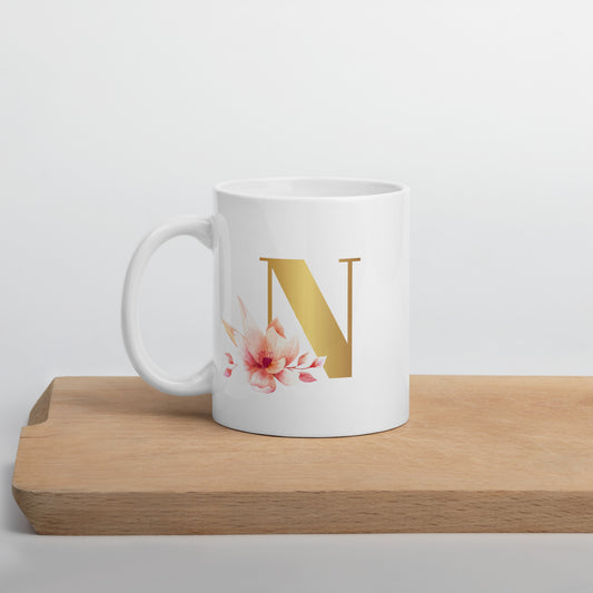 Tasse mit Buchstabe | Tasse personalisiert | N |Weiße, glänzende Tasse