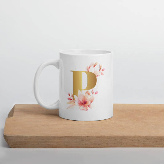 Tasse mit Buchstabe | Tasse personalisiert | P |Weiße, glänzende Tasse