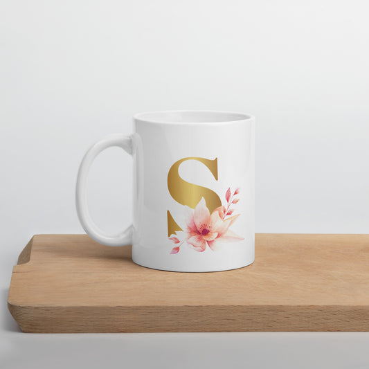 Tasse mit Buchstabe | Tasse personalisiert | S | Weiße, glänzende Tasse