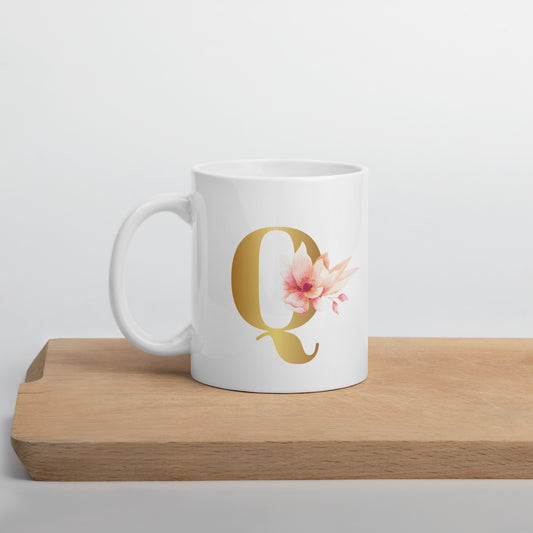 Tasse mit Buchstabe | Tasse personalisiert |Q | Weiße, glänzende Tasse