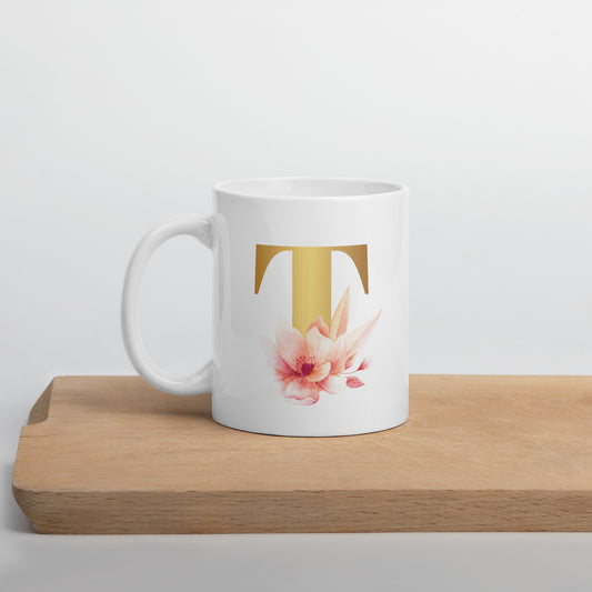 Tasse mit Buchstabe | Tasse personalisiert | T | Weiße, glänzende Tasse