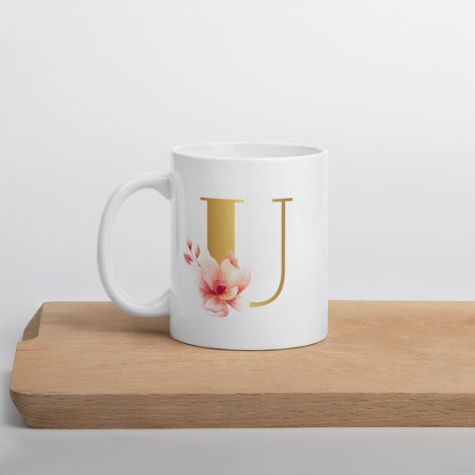 Tasse mit Buchstabe | Tasse personalisiert | U | Weiße, glänzende Tasse