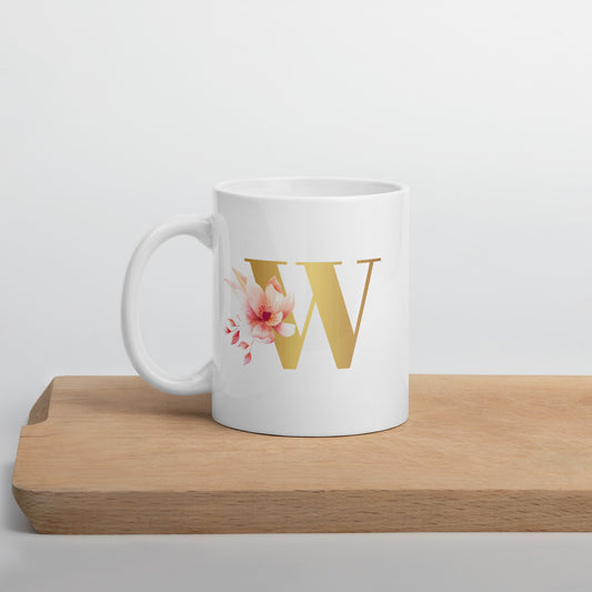 Tasse mit Buchstabe | Tasse personalisiert | W | Weiße, glänzende Tasse