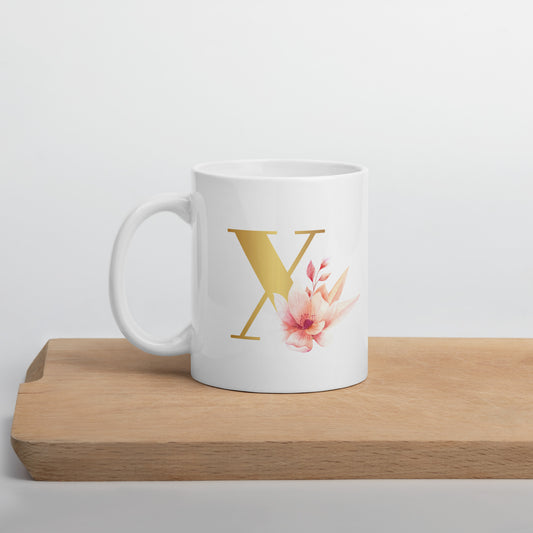 Tasse mit Buchstabe | Tasse personalisiert | X | Weiße, glänzende Tasse