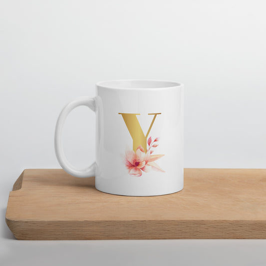 Tasse mit Buchstabe | Tasse personalisiert | Y | Weiße, glänzende Tasse