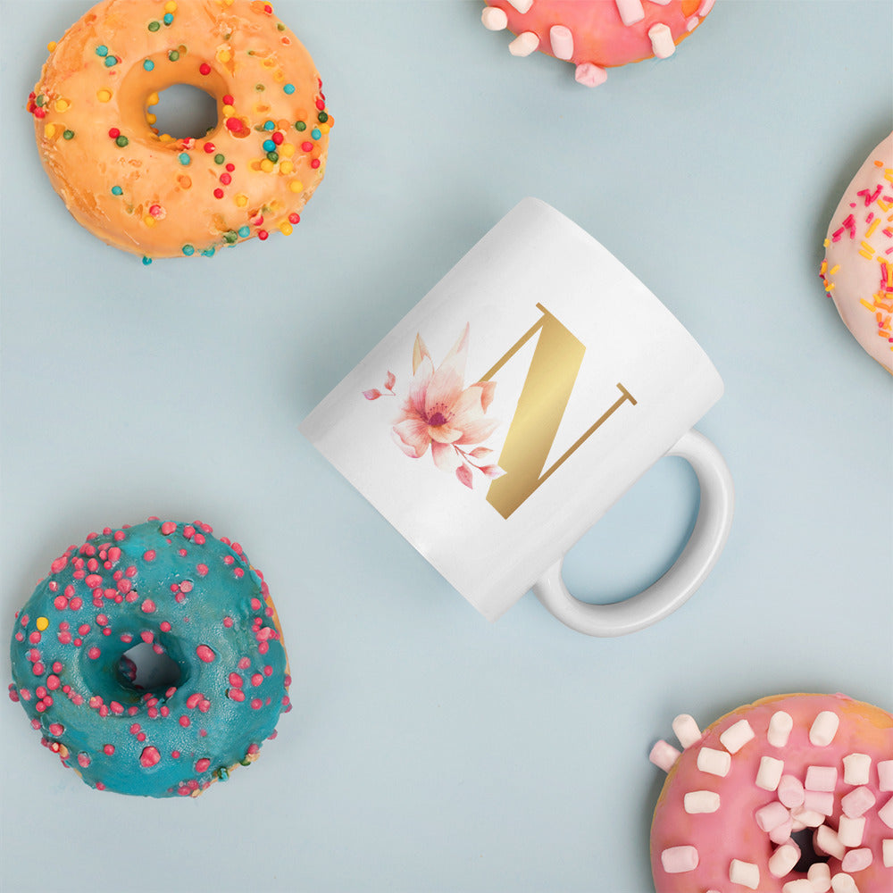 Tasse mit Buchstabe | Tasse personalisiert | N |Weiße, glänzende Tasse