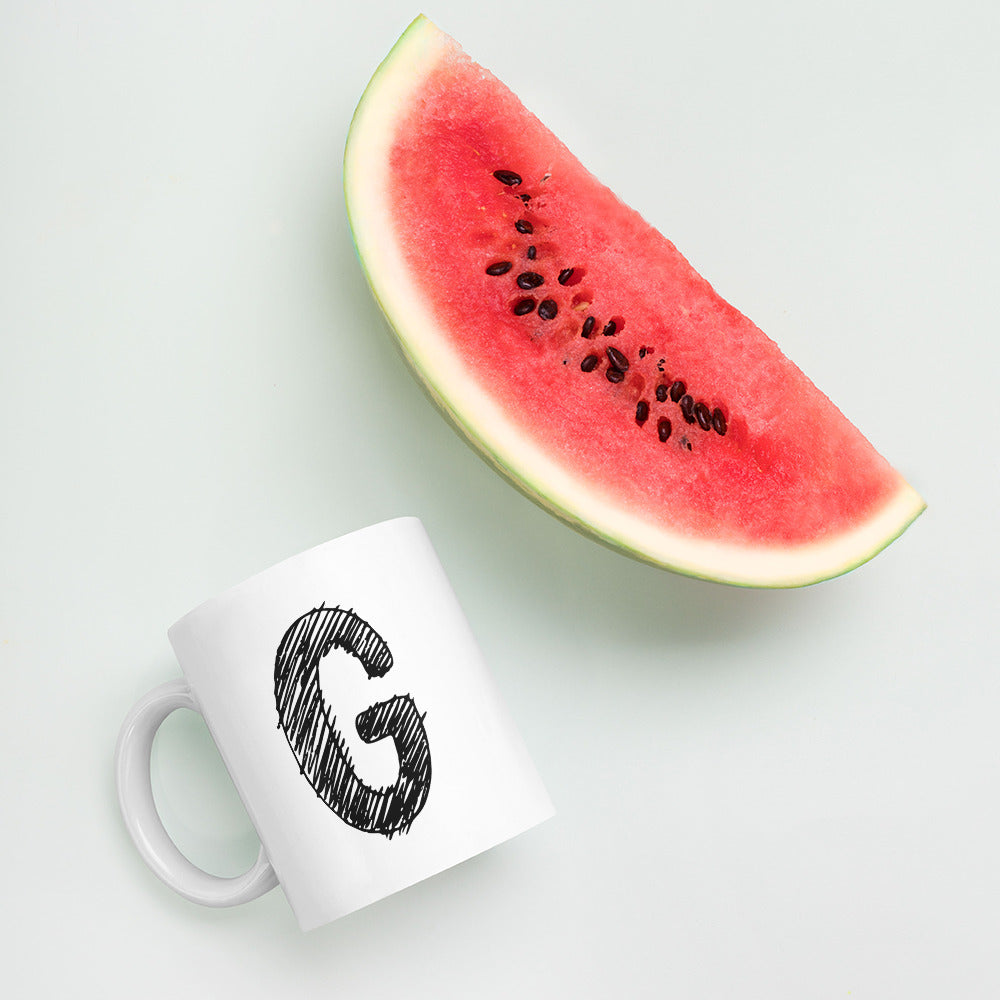 NEOKLASSISCHER BUCHSTABEN "G"Weiße, glänzende Tasse