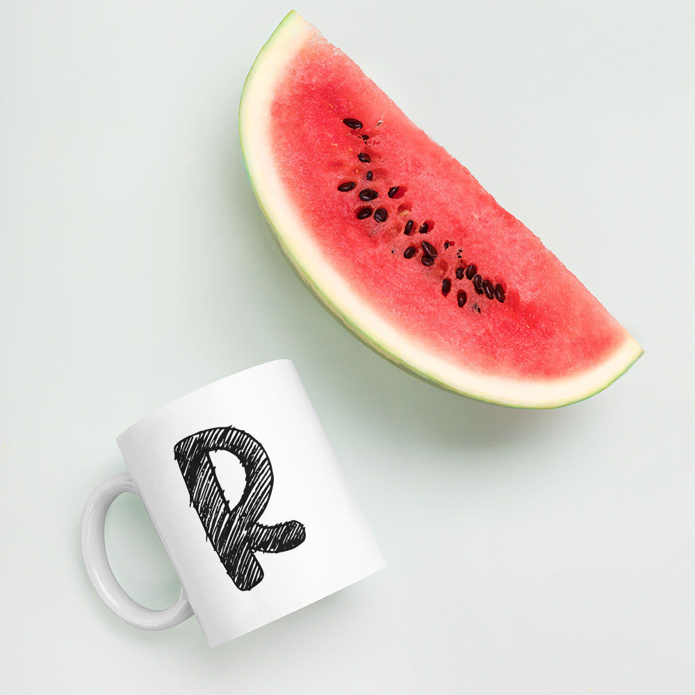 NEOKLASSISCHER BUCHSTABEN "R" Weiße, glänzende Tasse