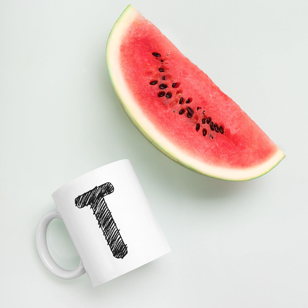 NEOKLASSISCHER BUCHSTABEN "T" Weiße, glänzende Tasse